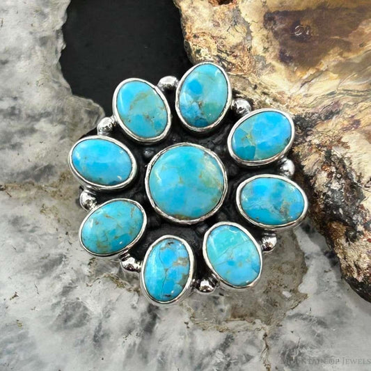 Sterling Silver Southwestern Style Mohave Turquoise Cluster Ring Size 7 For Women