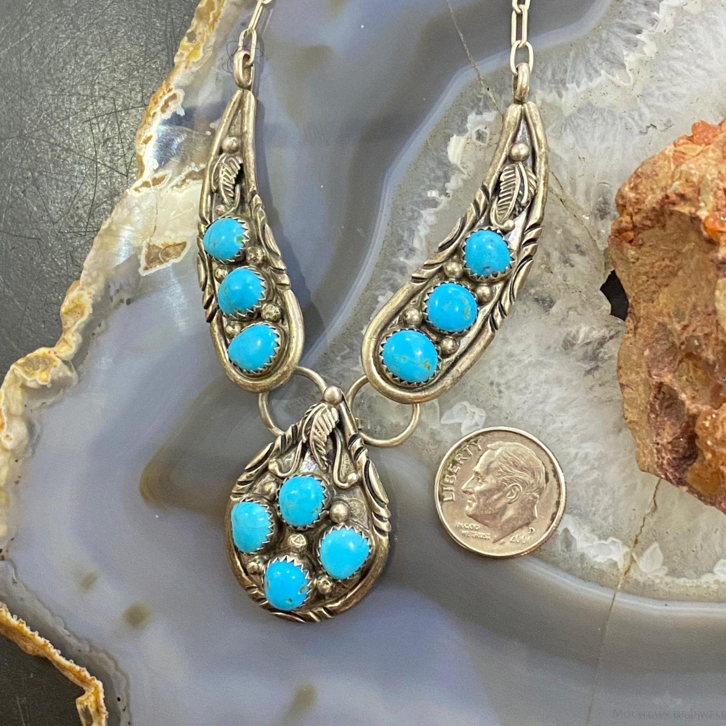 Vintage Native American Sterling Sleeping Beauty Turquoise Cluster 16" Necklace