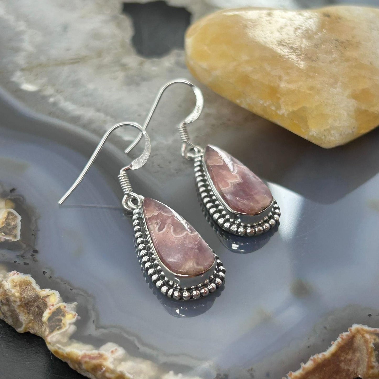 Sterling Silver Southwestern Style Teardrop Rhodochrosite Dangle Earrings For Women