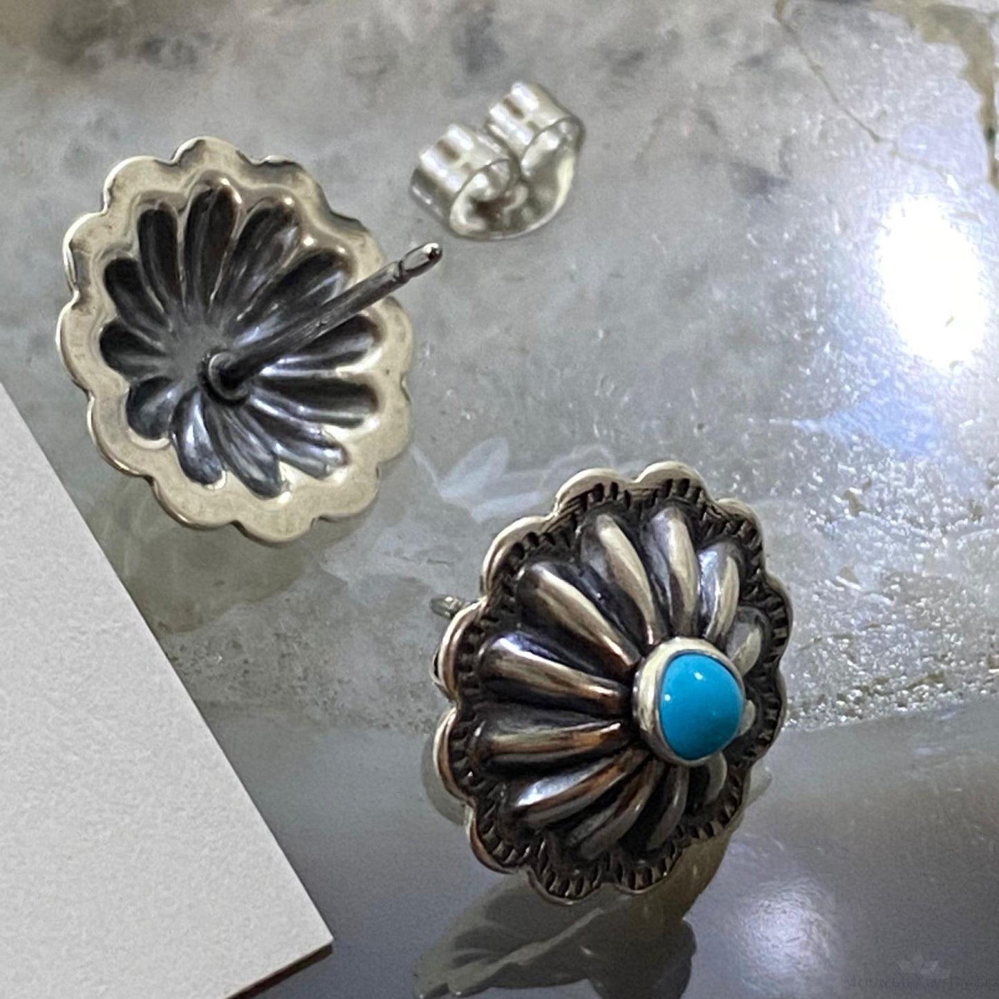 Sterling Silver Repousse Concho with Turquoise Stud Earrings For Women (1 Pair)