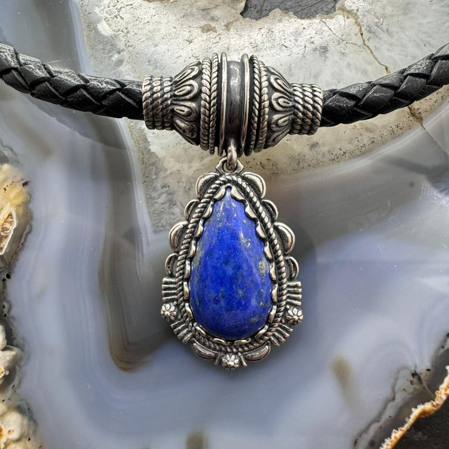 Carolyn Pollack Black Braided Leather Necklace with Teardrop Denim Lapis Pendant