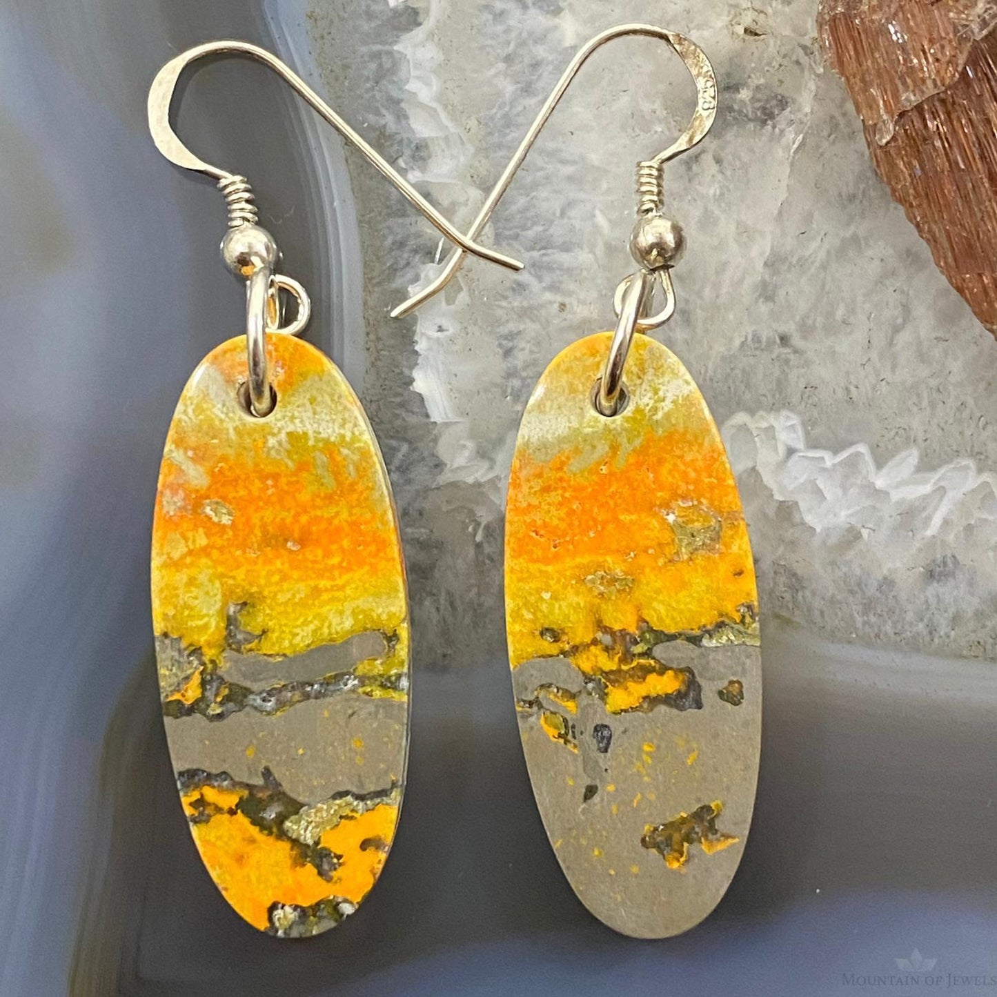 Sterling Silver Oval Bumblebee Jasper Slab Dangle Earrings For Women #005