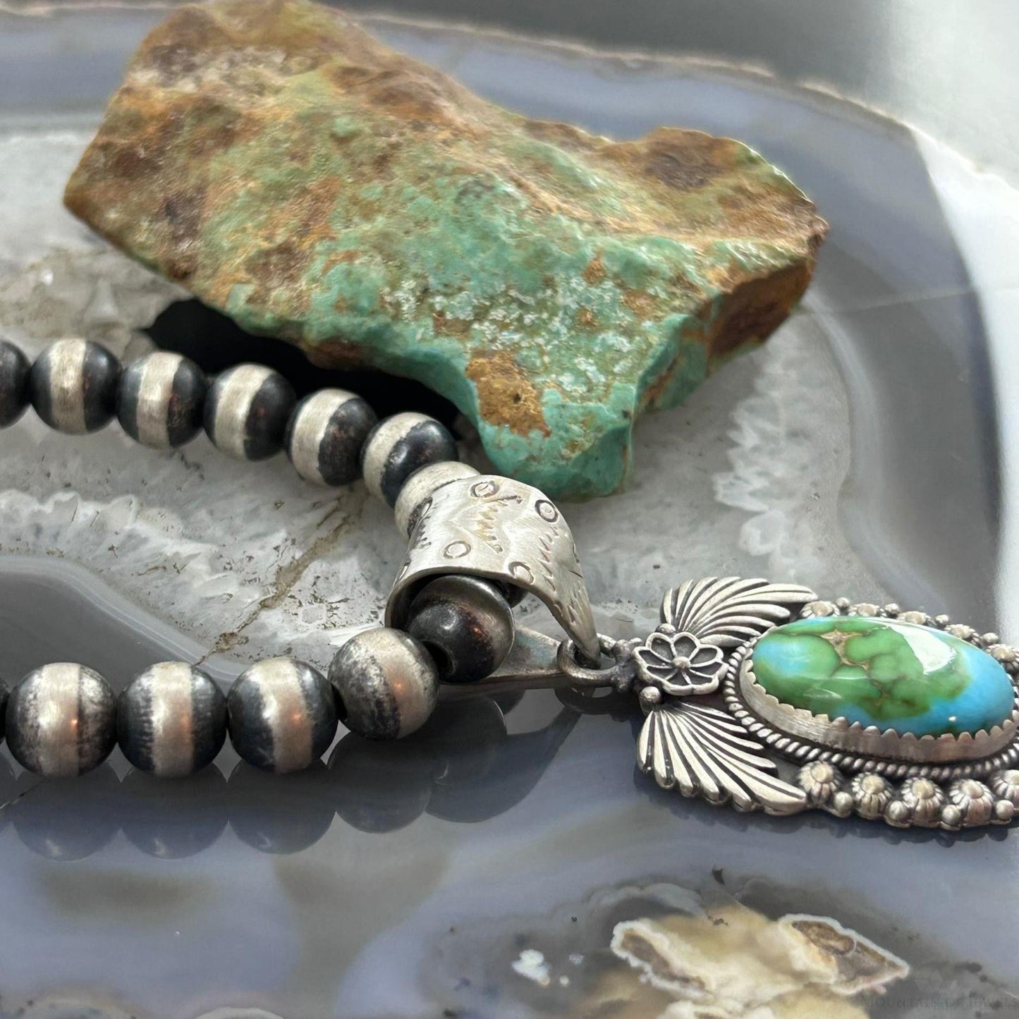 Sterling Southwestern Style Oval Sonora Gold Turquoise Leaves Decorated Pendant
