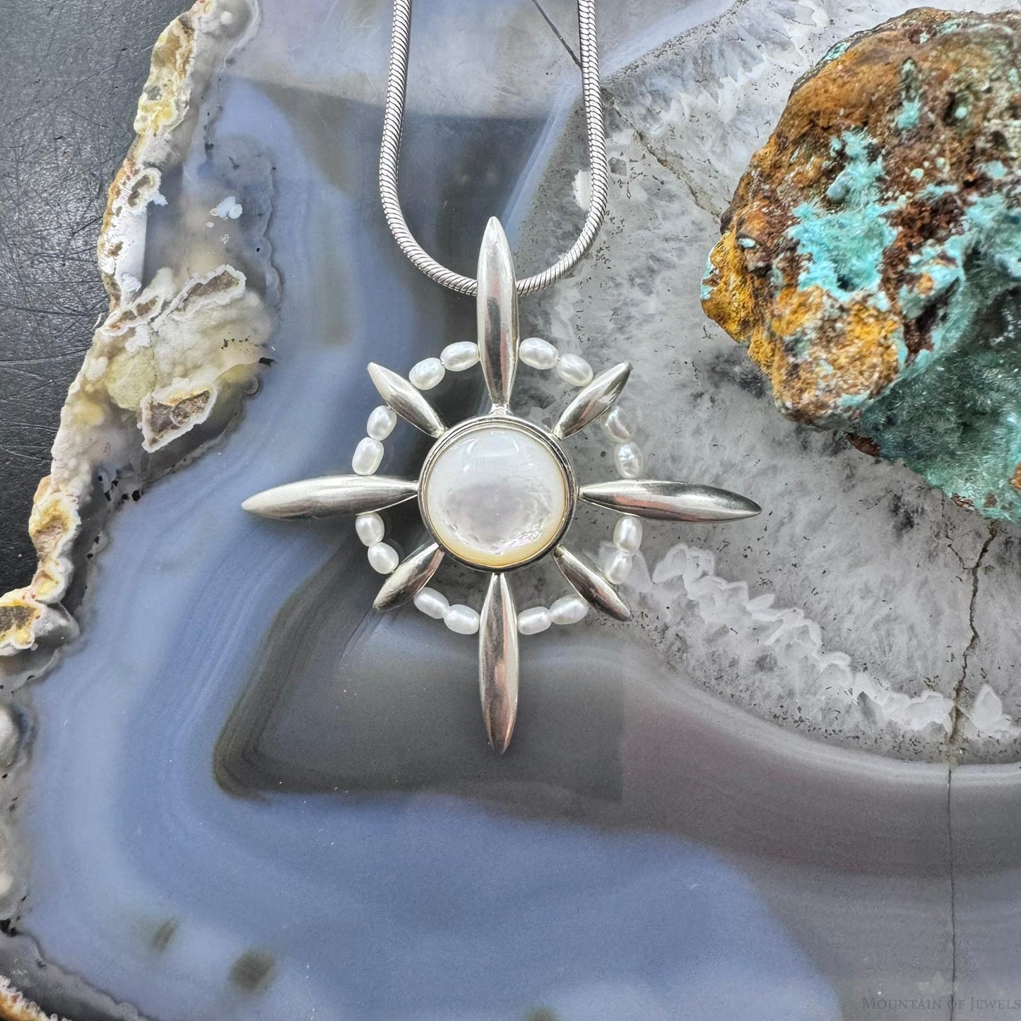 Carolyn Pollack Sterling Silver Round Moonstone & Pearl Pendant w/18" Necklace For Women