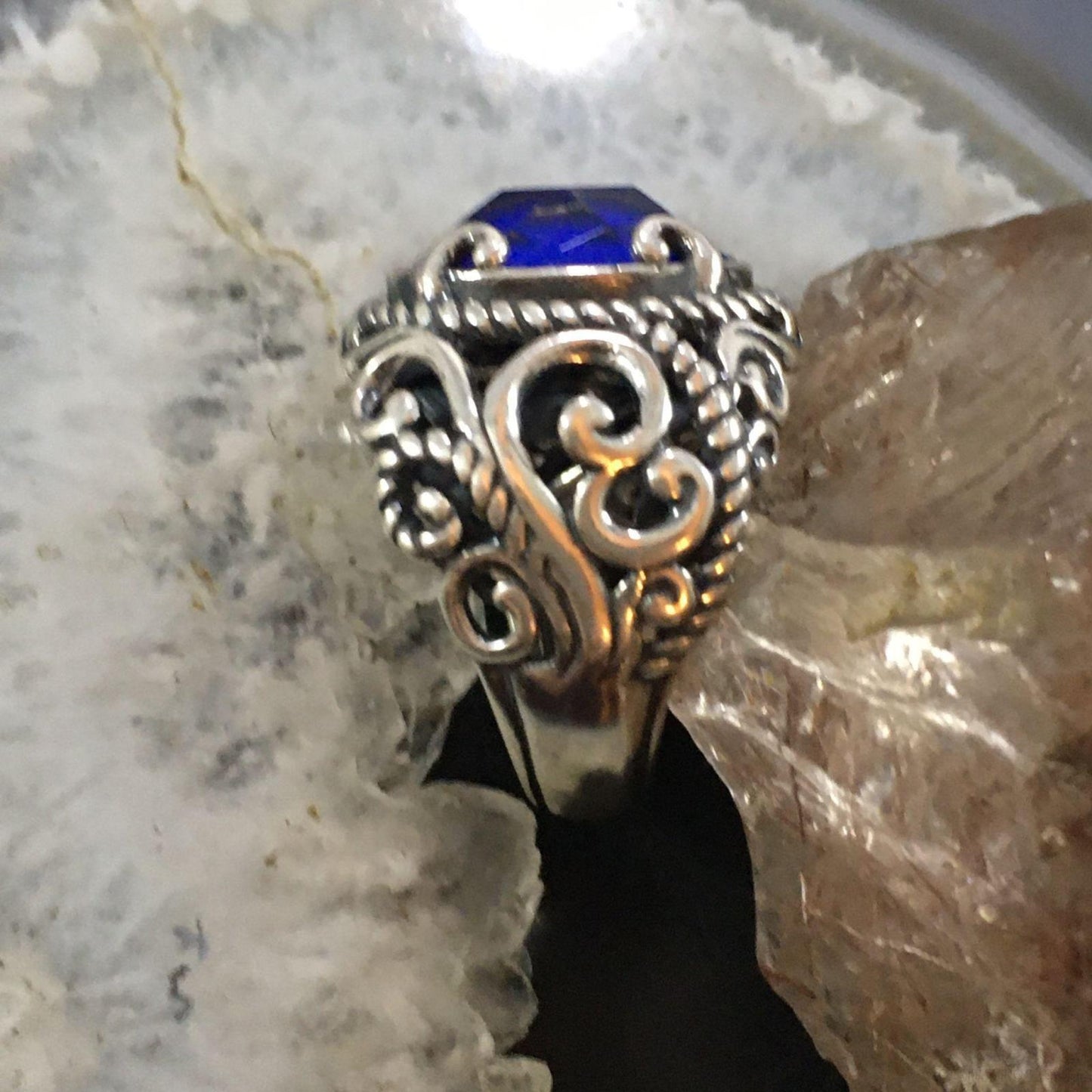Carolyn Pollack Southwestern Style Sterling Lapis/Faceted Crystal Doublet Ring For Women