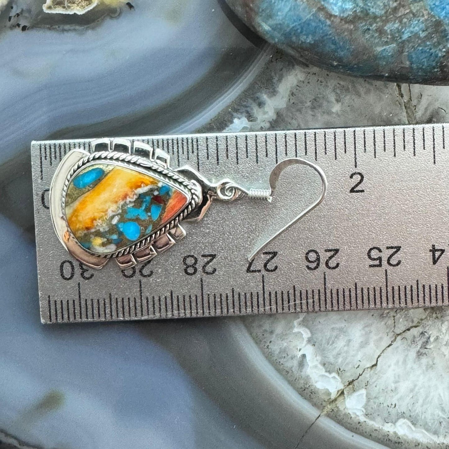 Sterling Silver Southwestern Style Teardrop Spiny & Turquoise Dangle Earrings For Women