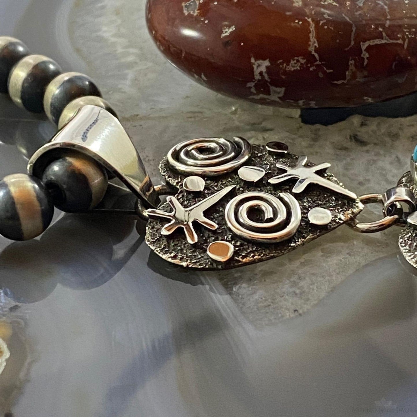 Alex Sanchez Native American Sterling Silver Triple Petroglyph Heart w/Turquoise Pendant For Women