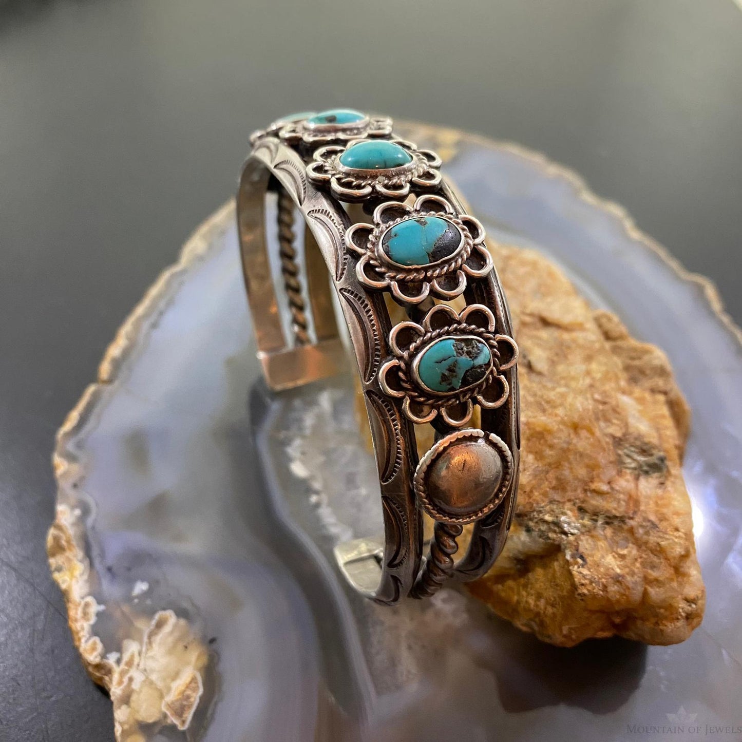 Vintage Native American Silver Oval Turquoise Floral Bracelet For Women
