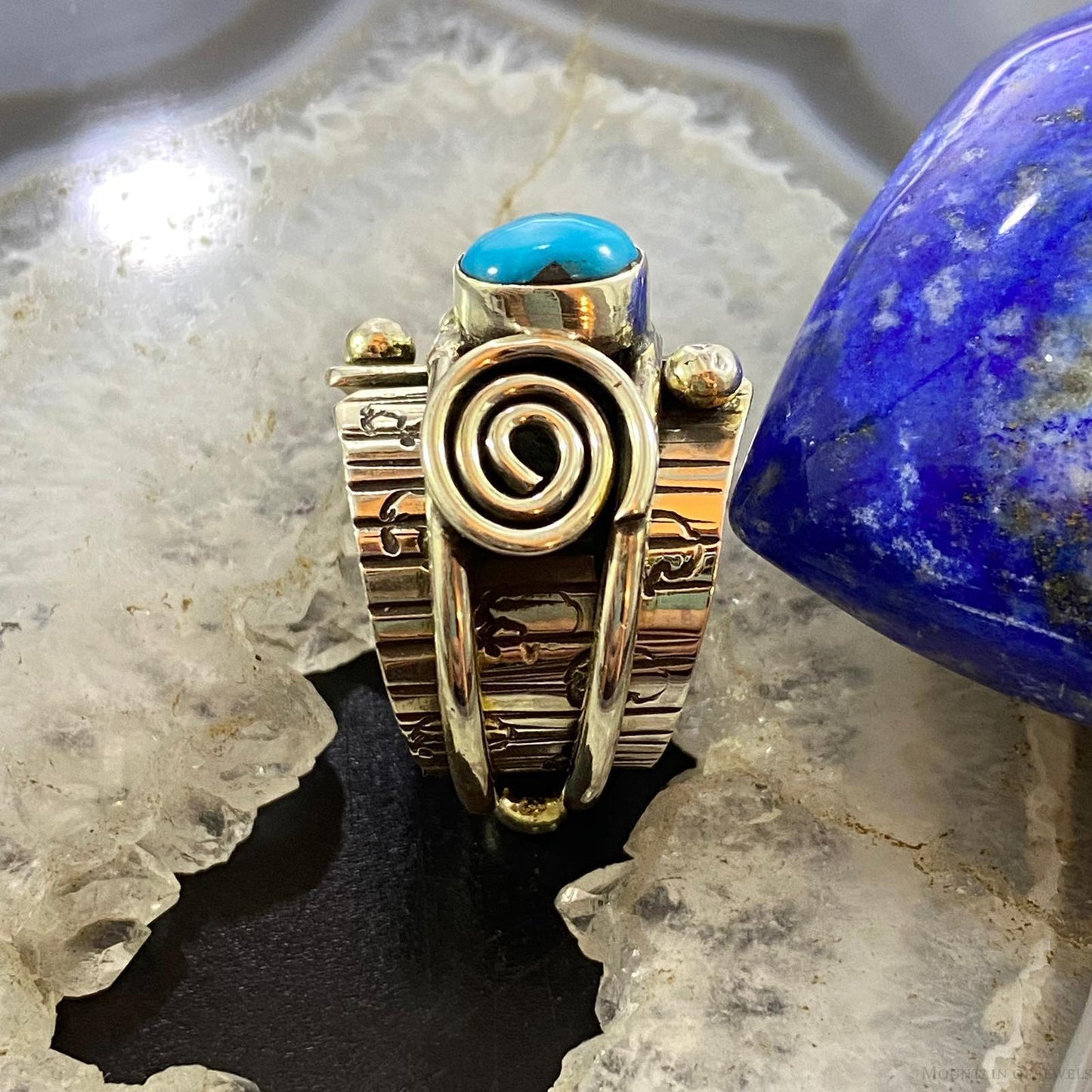 Alex Sanchez Sterling Silver Turquoise Petroglyph Band Ring Sz 8.5 For Women