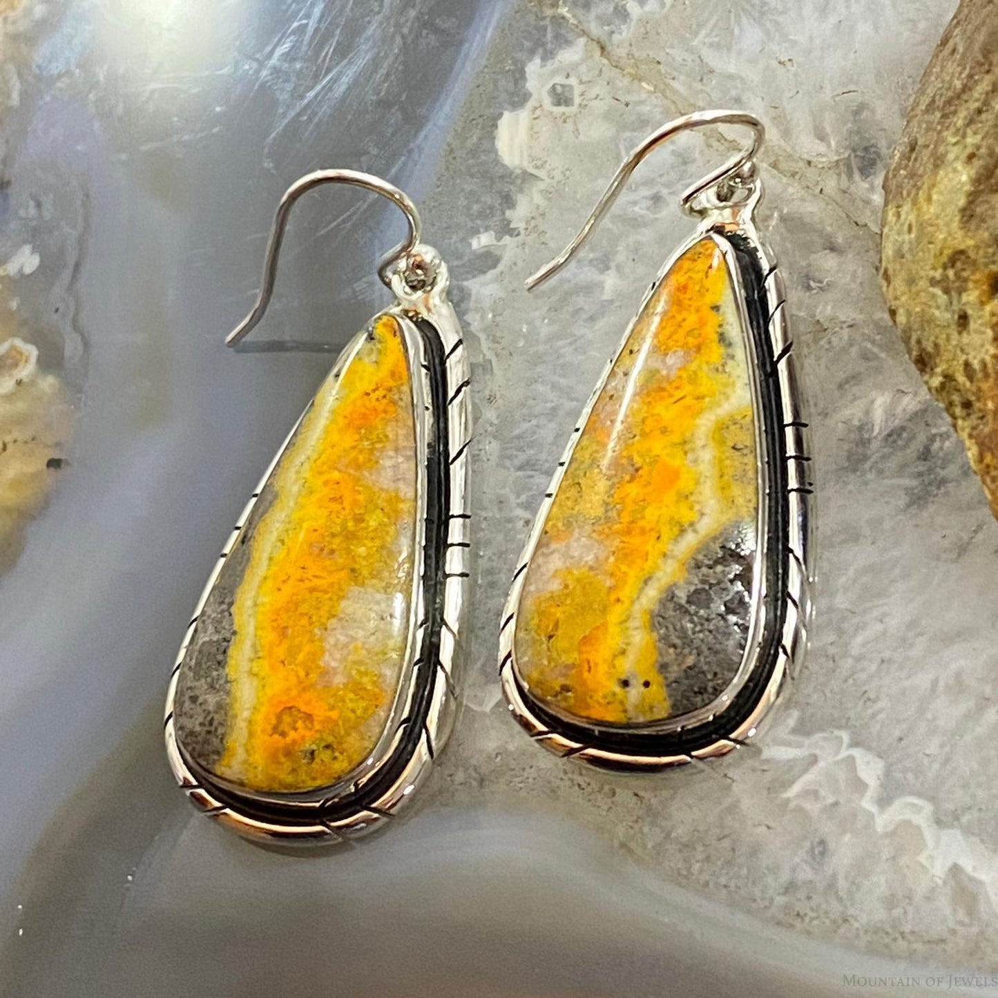 Native American Sterling Teardrop Bumblebee Jasper Dangle Earrings For Women