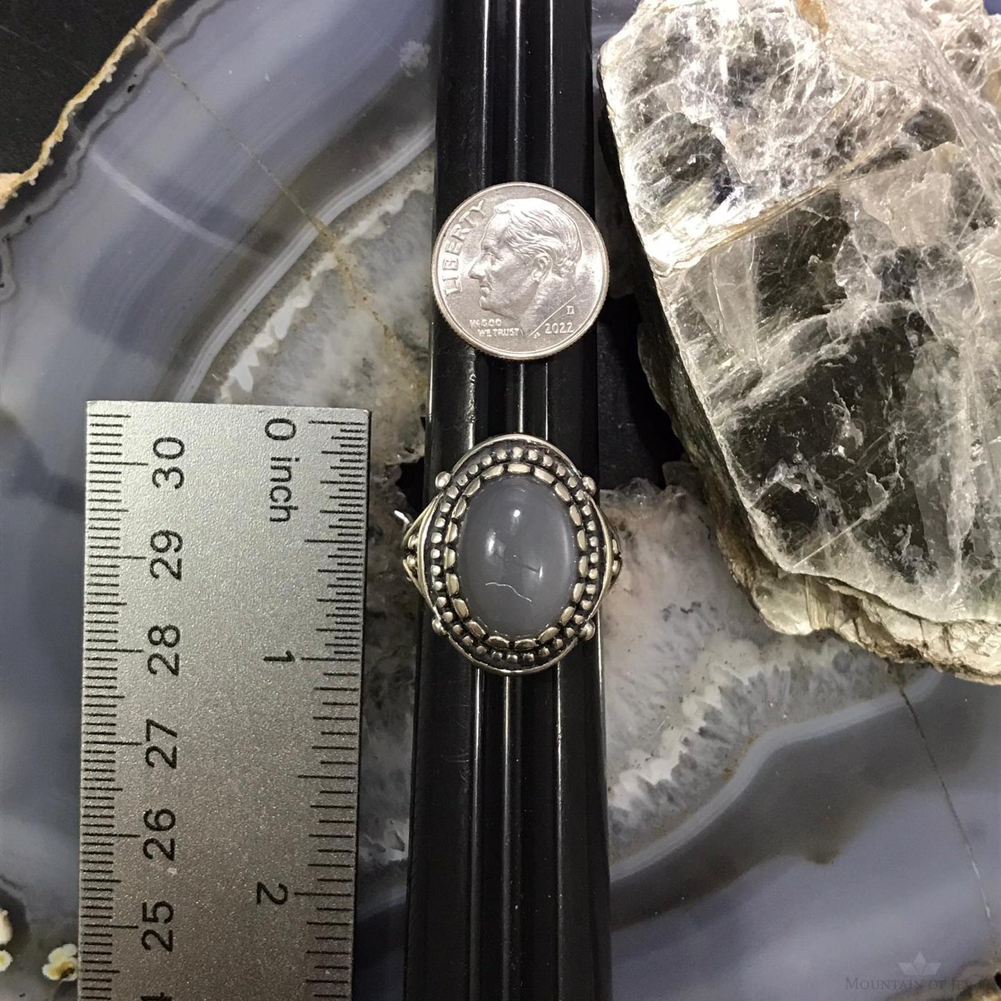 Carolyn Pollack Sterling Silver Oval Gray Agate Decorated Ring Size 9 For Women