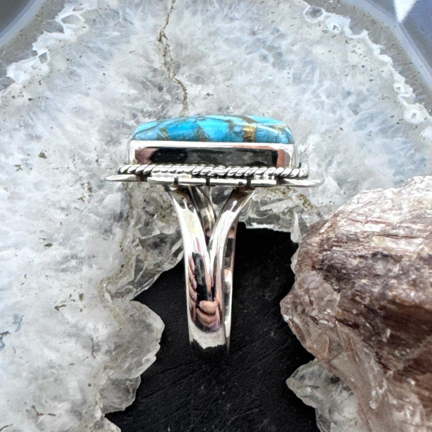 Sterling Silver Southwestern Style Blue Copper Turquoise Bar Ring Size 8 For Women