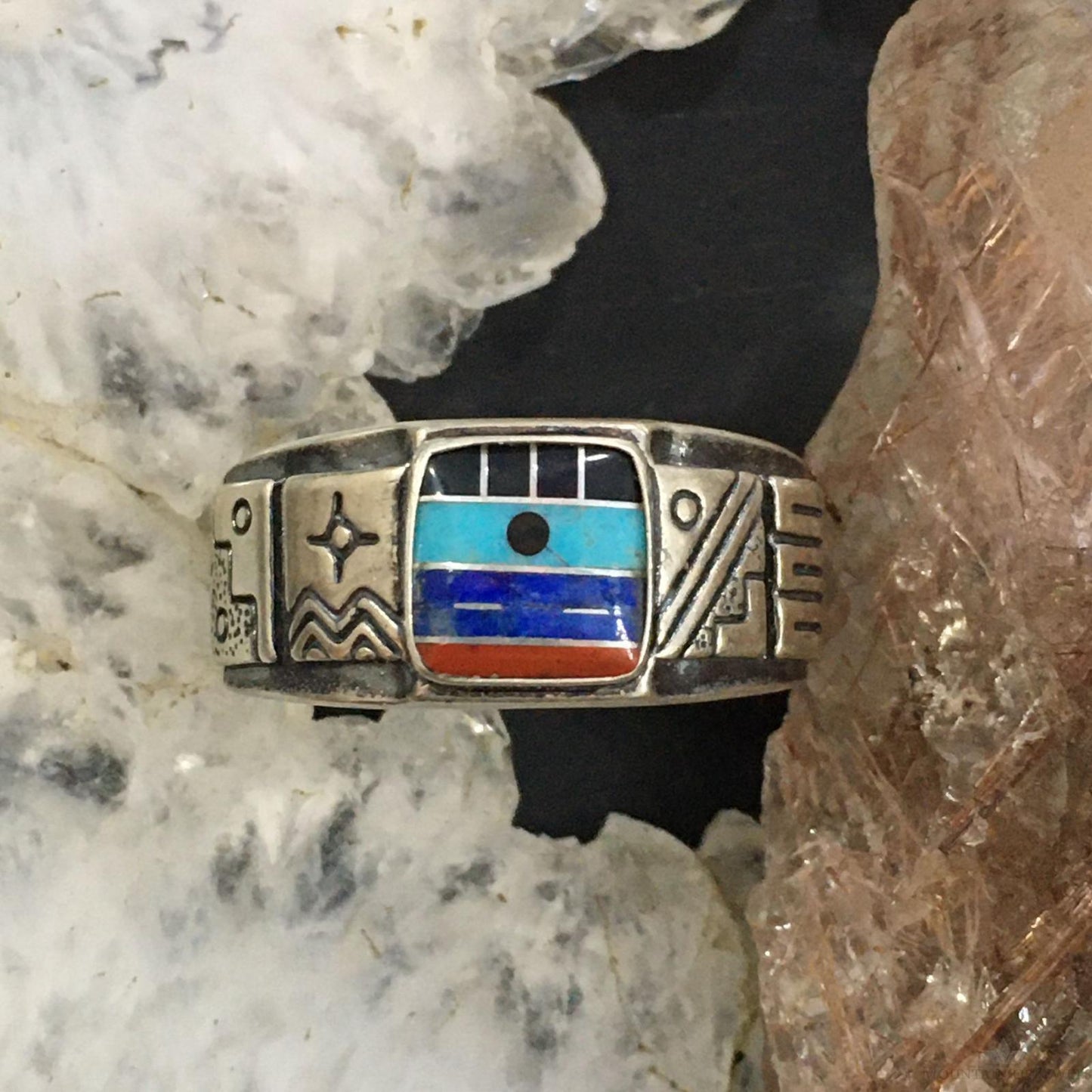 Carolyn Pollack Southwestern Style Sterling Silver Square Multistone Inlay Decorated Band Ring For Women