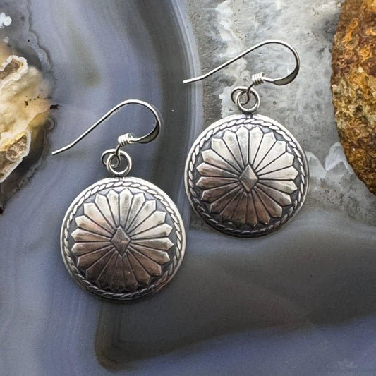 Native American Sterling Silver Round Stamped Concho Dangle Earrings For Women