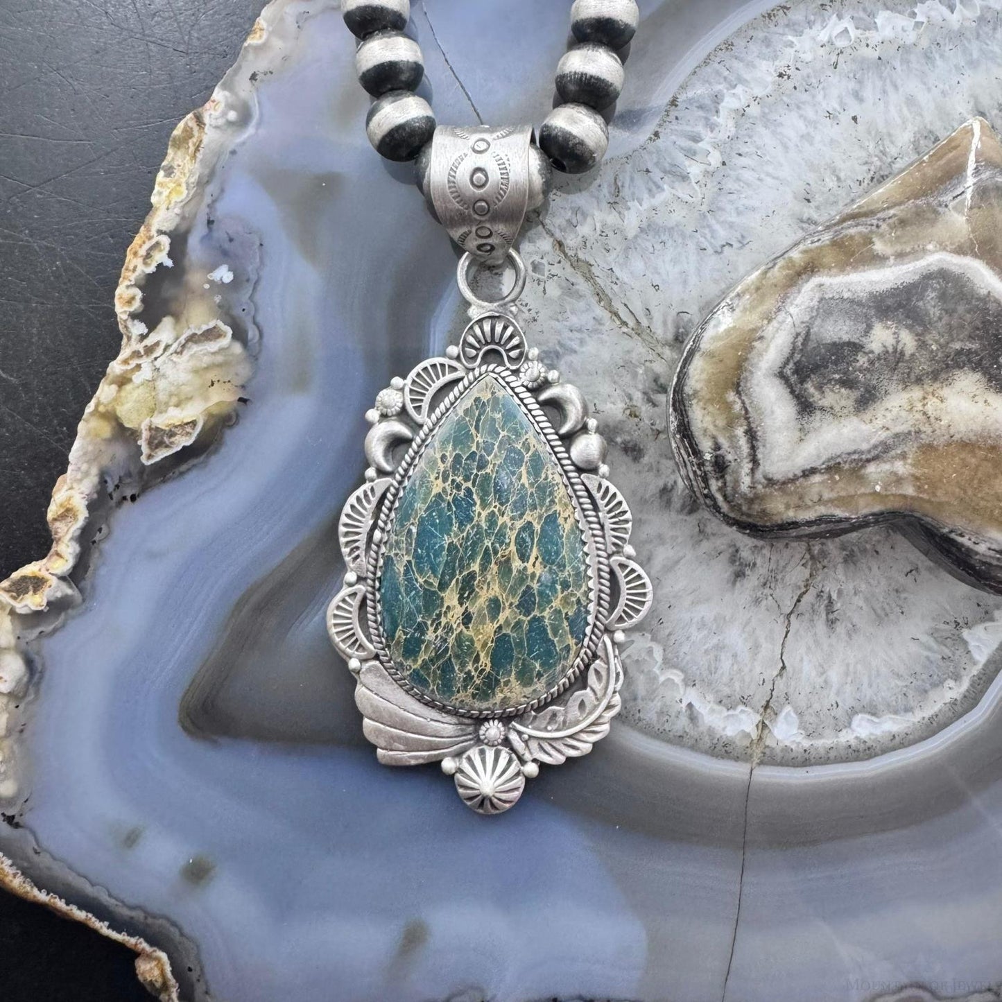 Sterling Silver Southwestern Style Teardrop Sediment Jasper Flower Decorated Pendant For Women