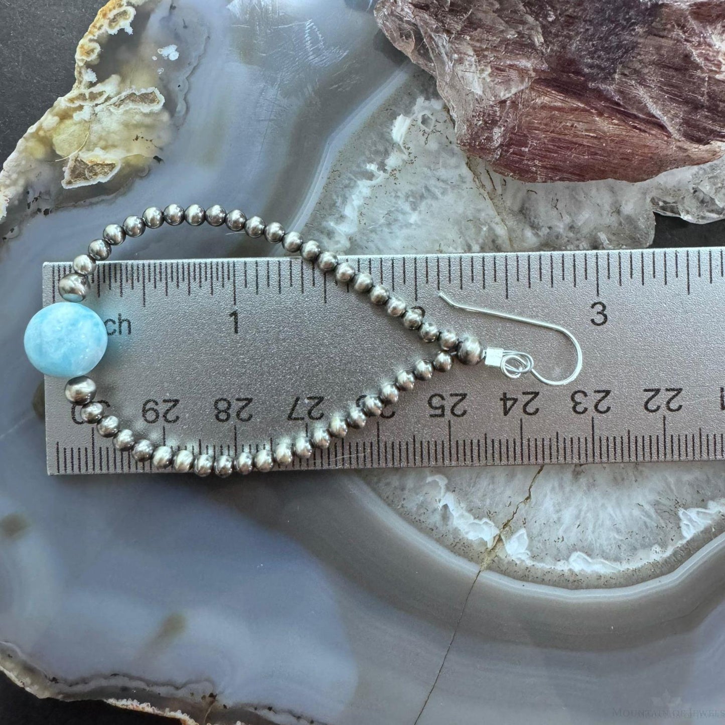 Native American Sterling Silver Navajo Beads with Larimar Bead Hoop Earrings For Women