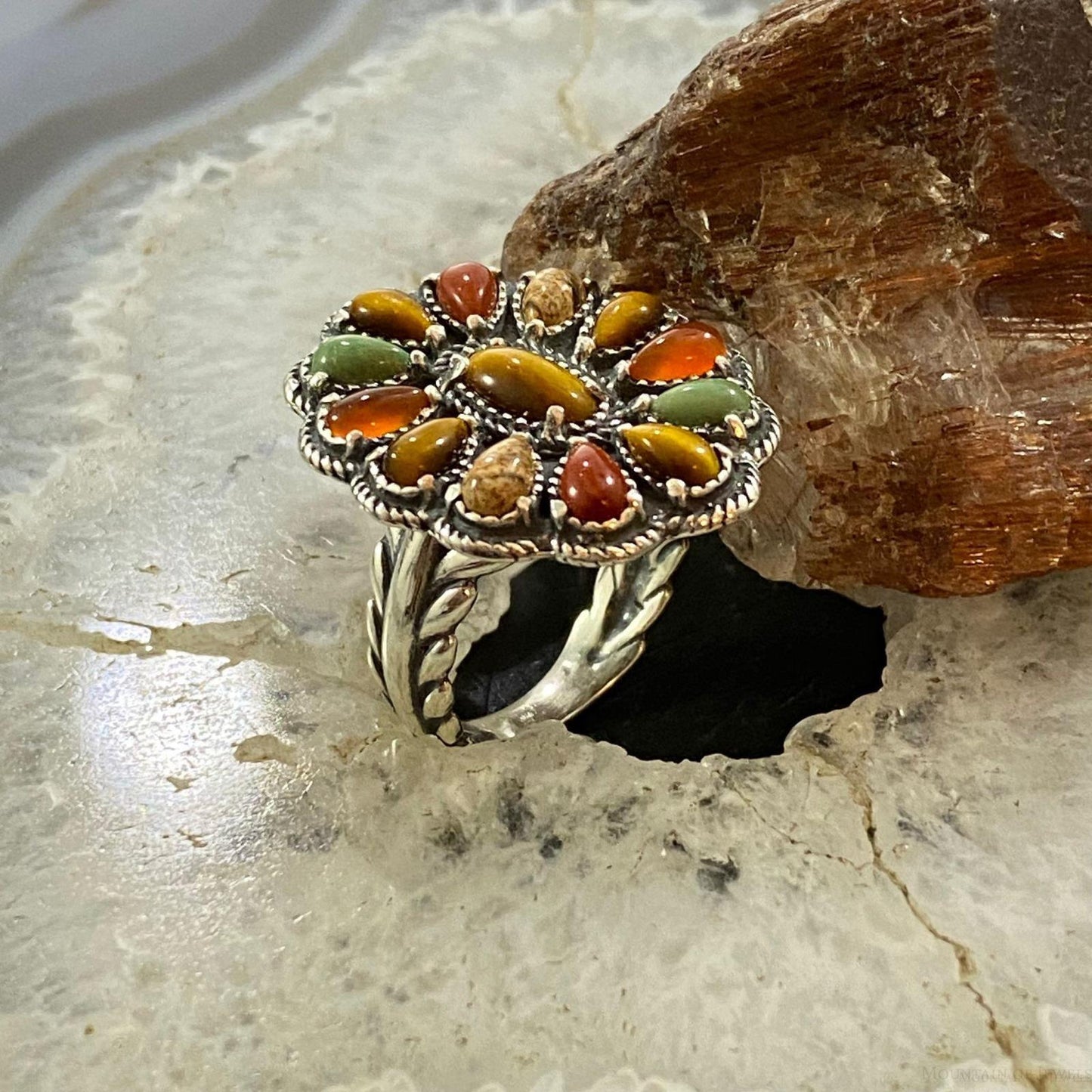 Carolyn Pollack Southwestern Style Sterling Silver Multi-gemstone Decorated Flower Cluster Ring For Women