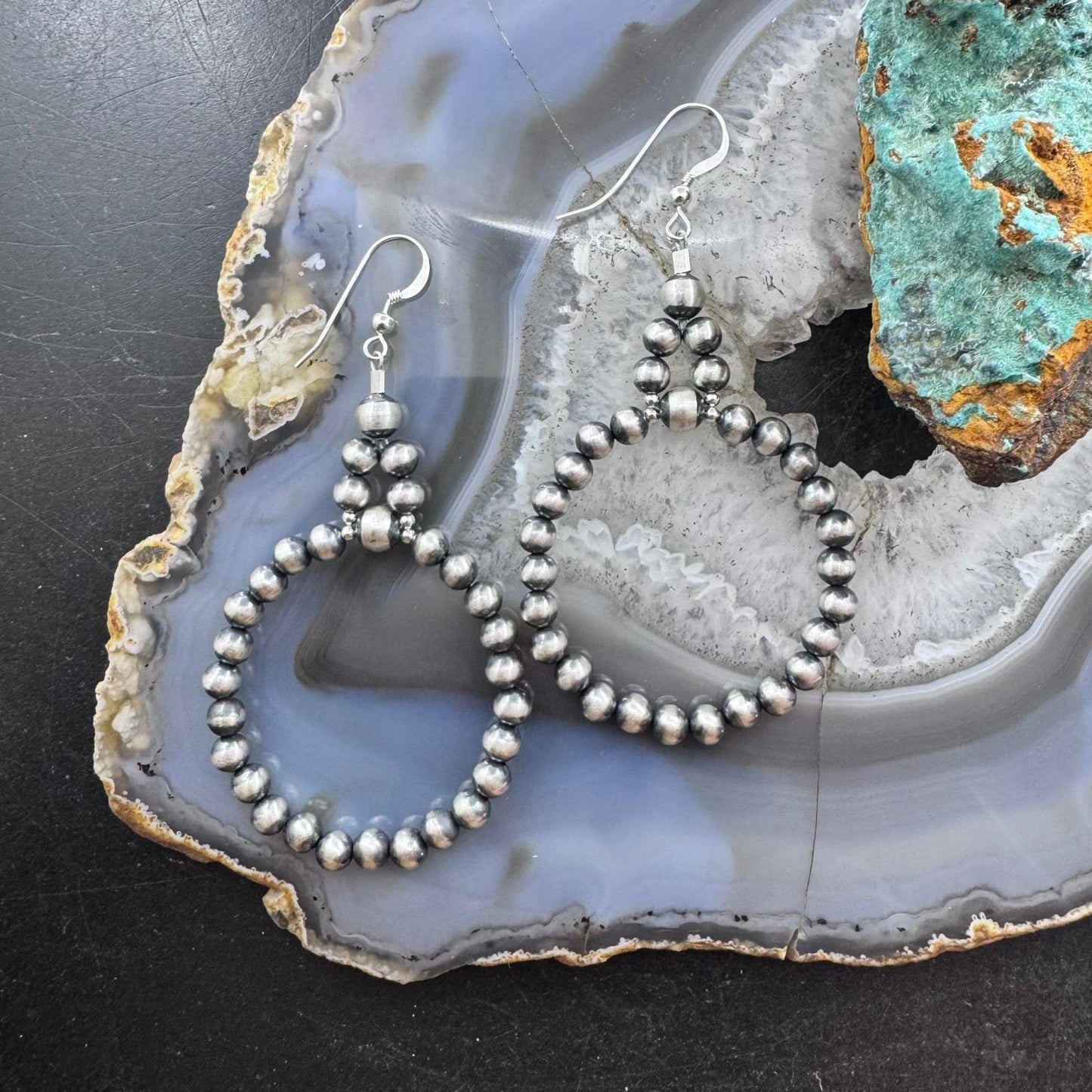 Navajo Pearl Bead 4 mm Sterling Silver Hoop Dangle Earrings For Women