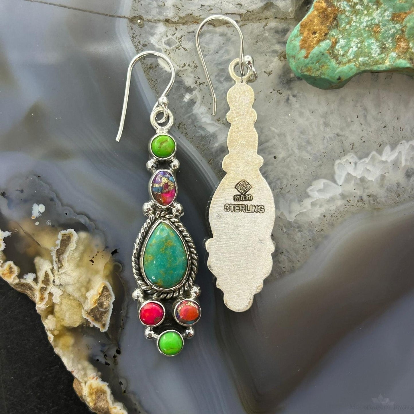 Sterling Silver Southwestern Style Multistone Dangle Earrings For Women