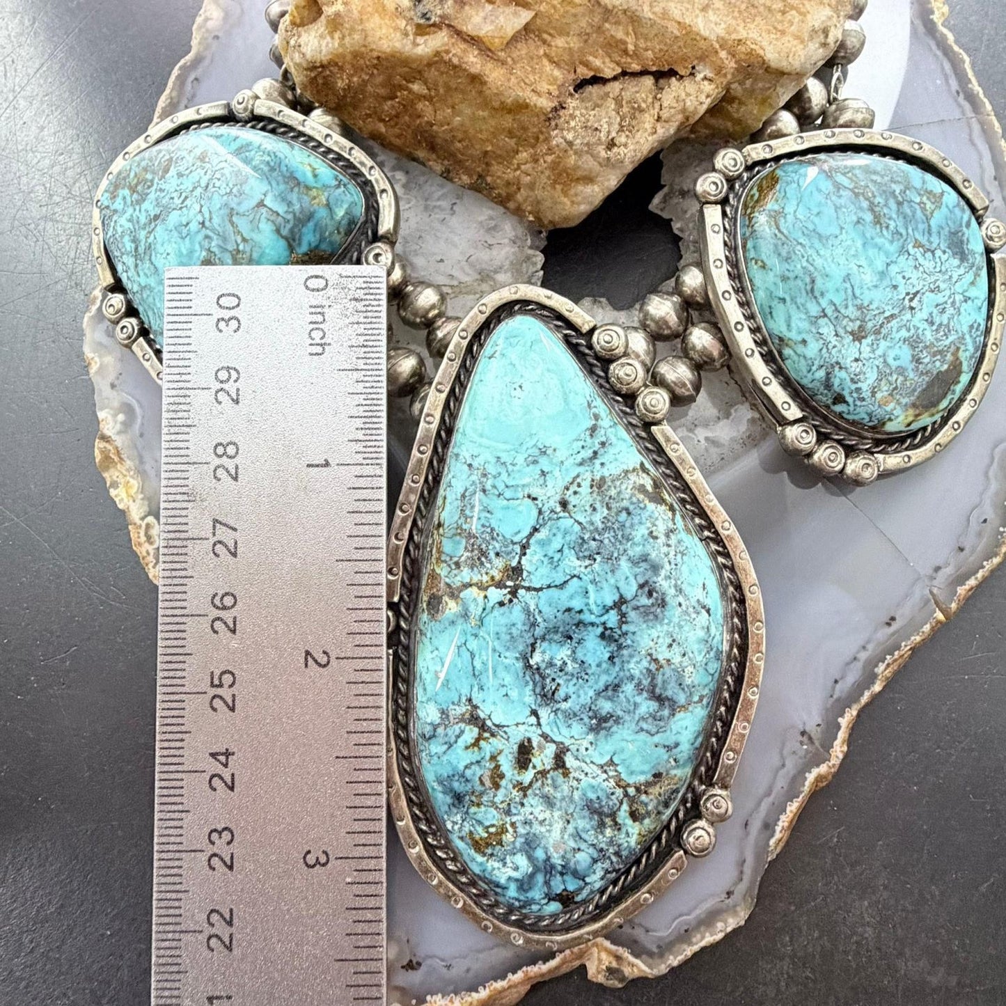 Vintage Silver Native American Large Blue Diamond Turquoise Necklace For Women