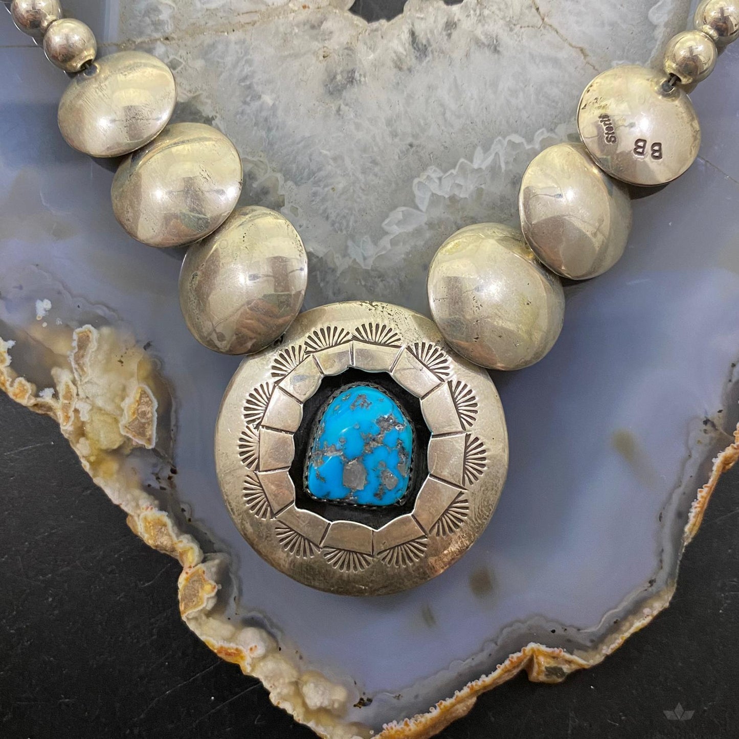 Vintage Native American Sterling Silver Double Side Stone Necklace For Women