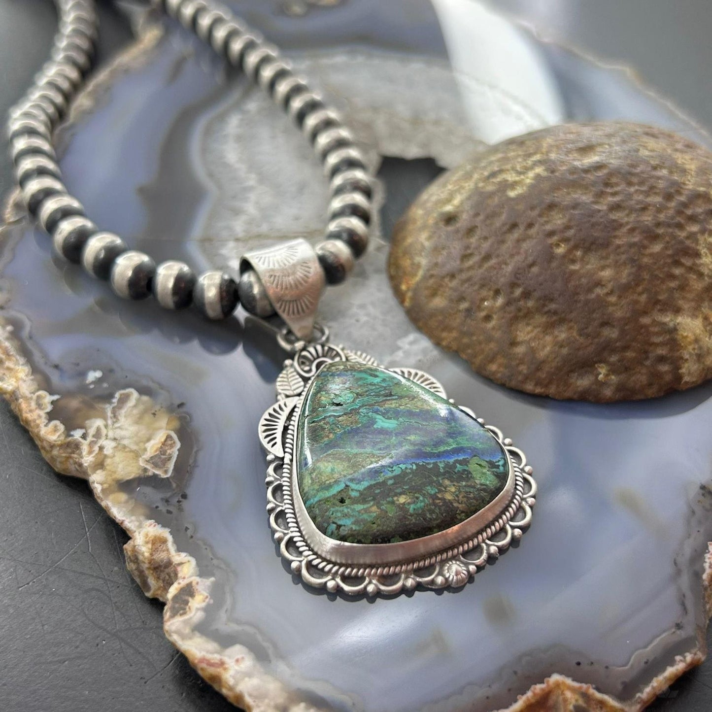 Sterling Silver Southwestern Style Triangle Chrysocolla Pendant For Women