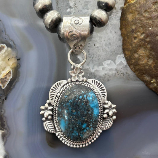 Sterling Silver Southwestern Style Oval Turquoise Decorated Pendant For Women