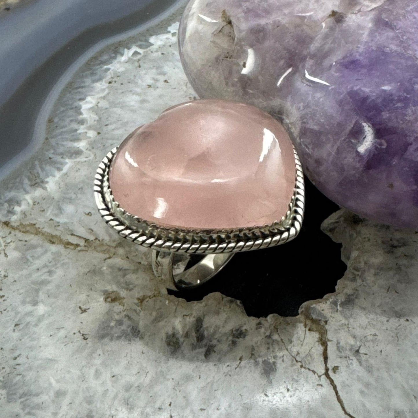 Sterling Silver Southwestern Style Pink Quartz Heart Ring For Women
