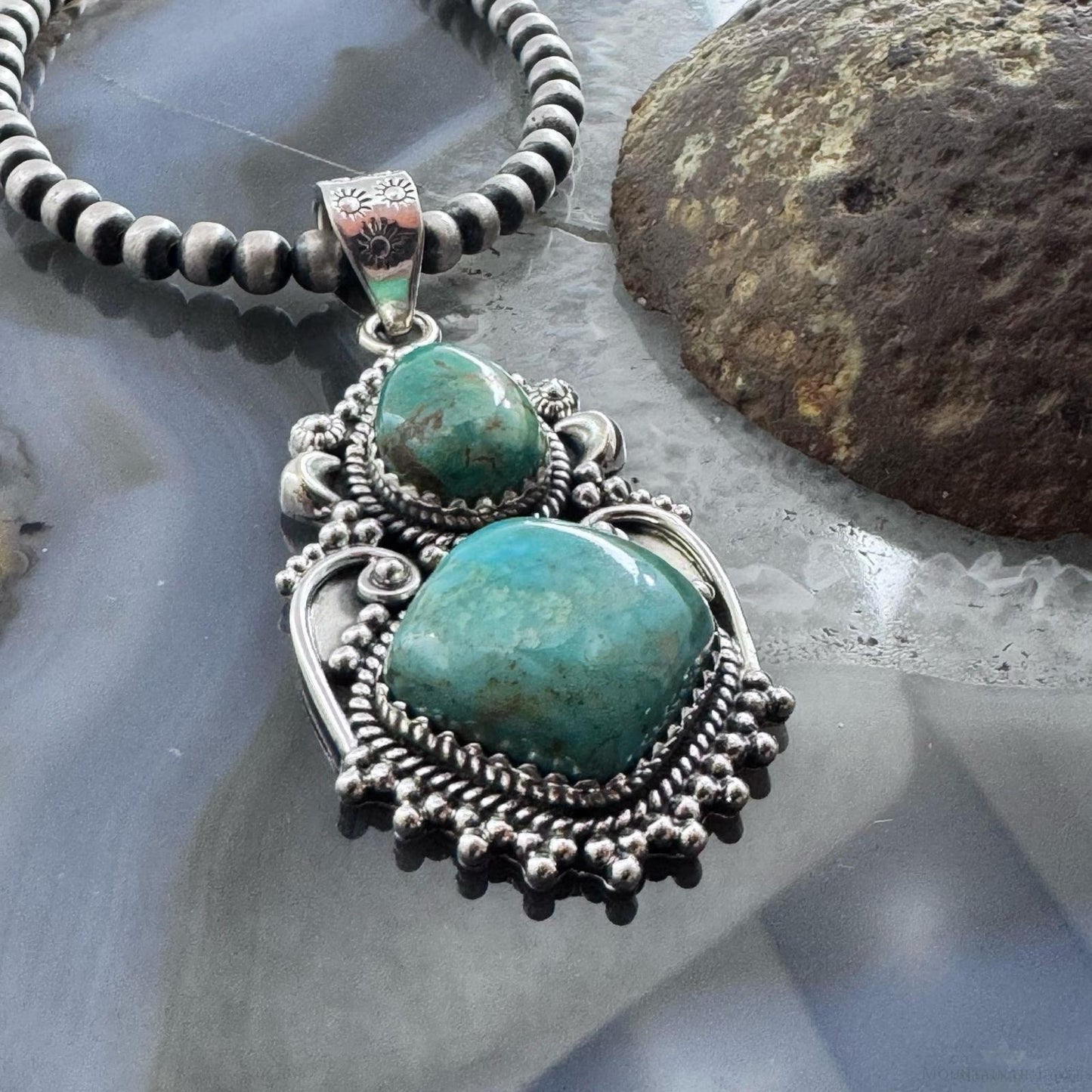 Sterling Silver Southwestern Style 2 Turquoise Decorated Large Pendant For Women
