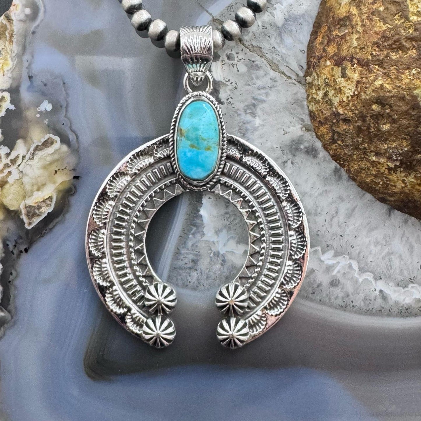 Sterling Silver Southwestern Style Oval Turquoise Decorated Unisex Naja Pendant