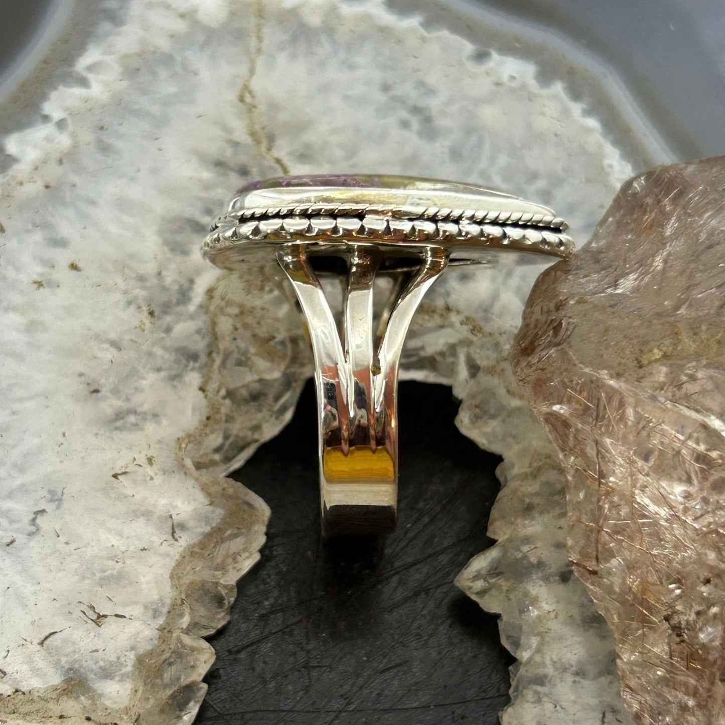 Sterling Silver Southwestern Style Teardrop Stichtite Decorated Ring Size 10.25 For Women