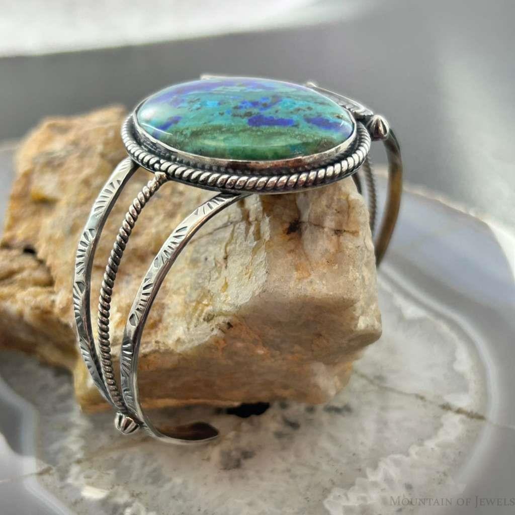 Sterling Silver Southwestern Style Large Oval Azurite Decorated Bracelet For Women