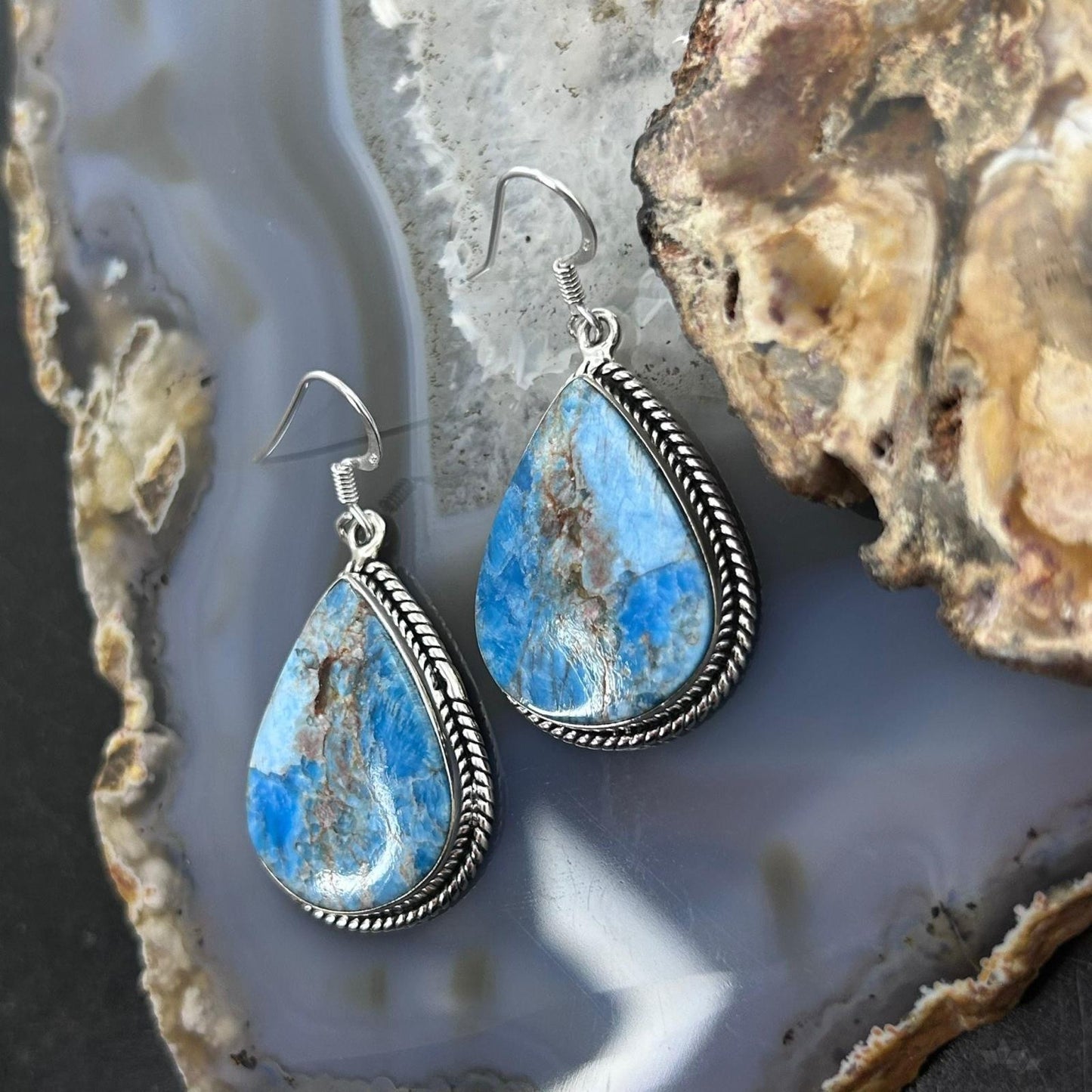 Sterling Silver Southwestern Style Blue Apatite Dangle Earrings For Women #2