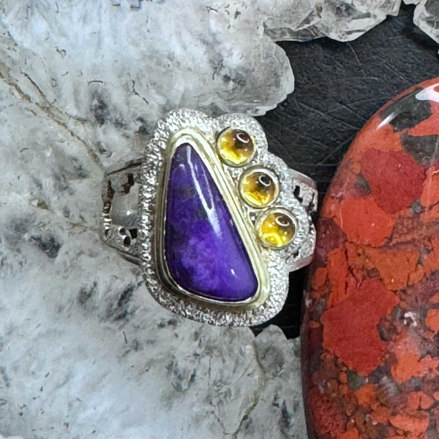 Carolyn Pollack Sterling Silver & 14K Gold Triangle Sugilite & 3 Citrine Ring For Women