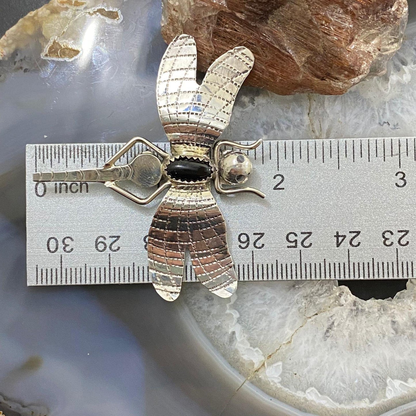 Native American Sterling Silver Oval Onyx Fly Unisex Brooch