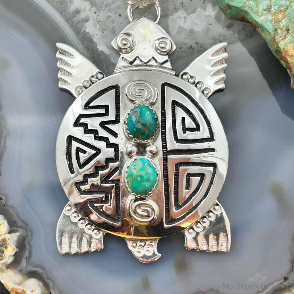 Alonzo Mariano Sterling Silver Overlay Turtle & 2 Turquoise Unisex Pendant