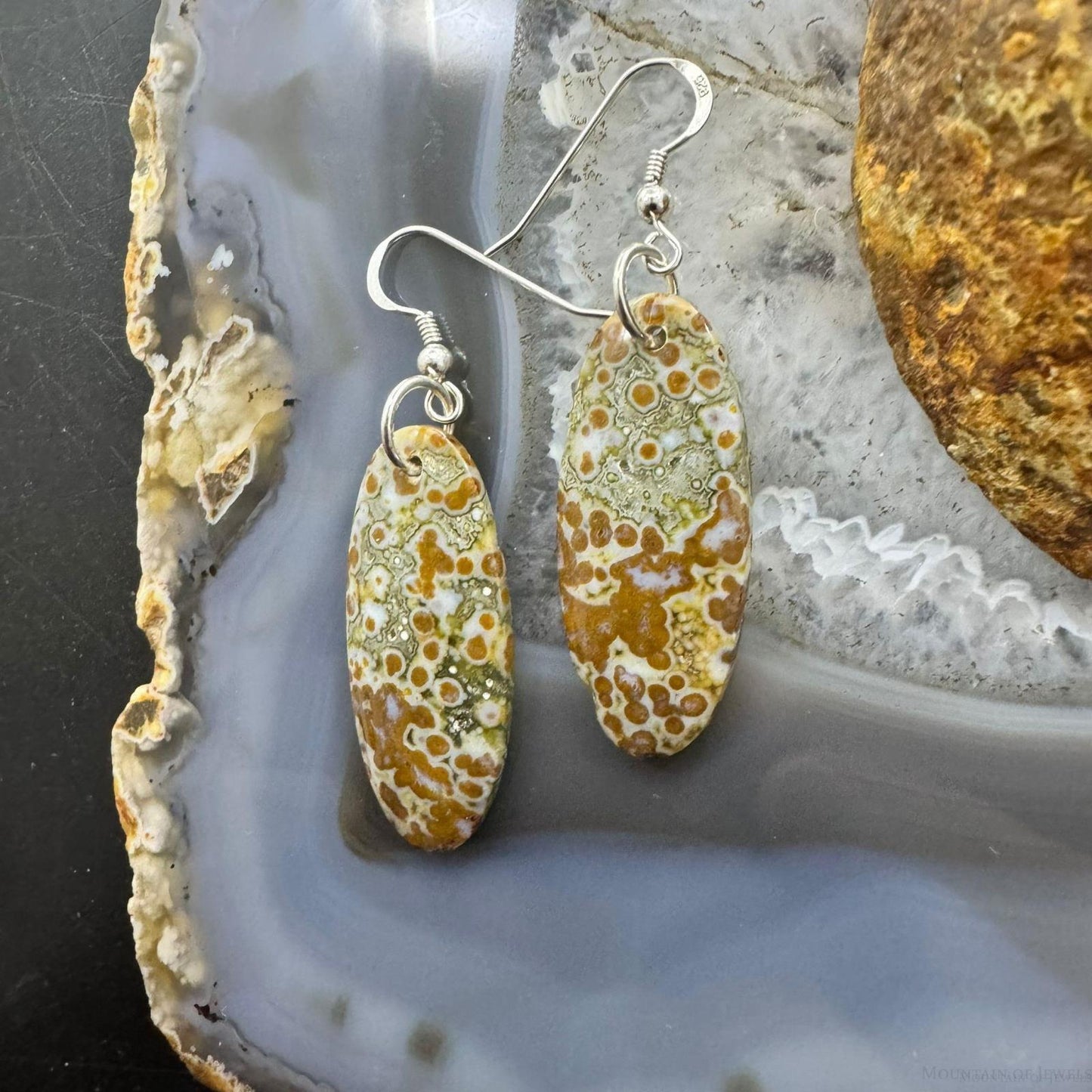 Sterling Silver Elongated Oval River Jasper Slab Dangle Earrings For Women #352