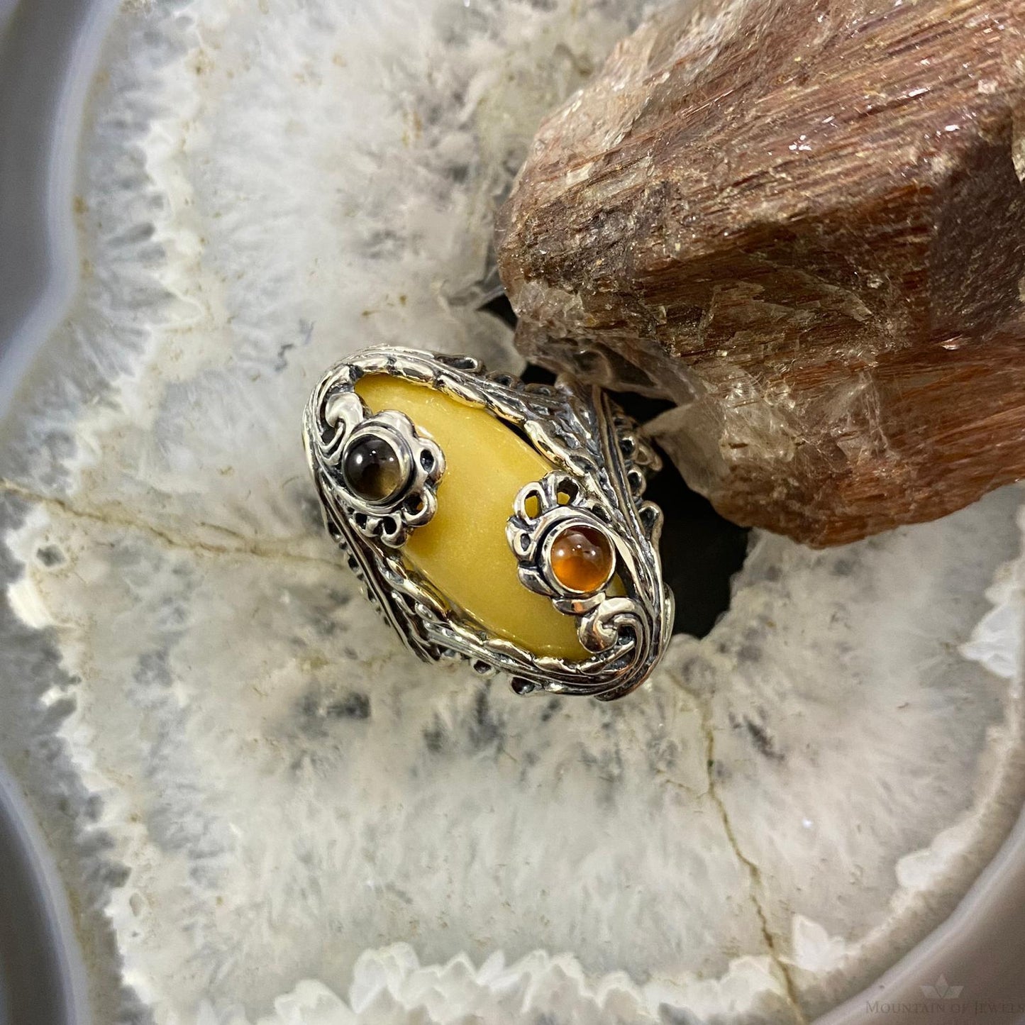 Carolyn Pollack Southwestern Style Sterling Silver Yellow Jasper, Smoky Quartz & Citrine Ring For Women