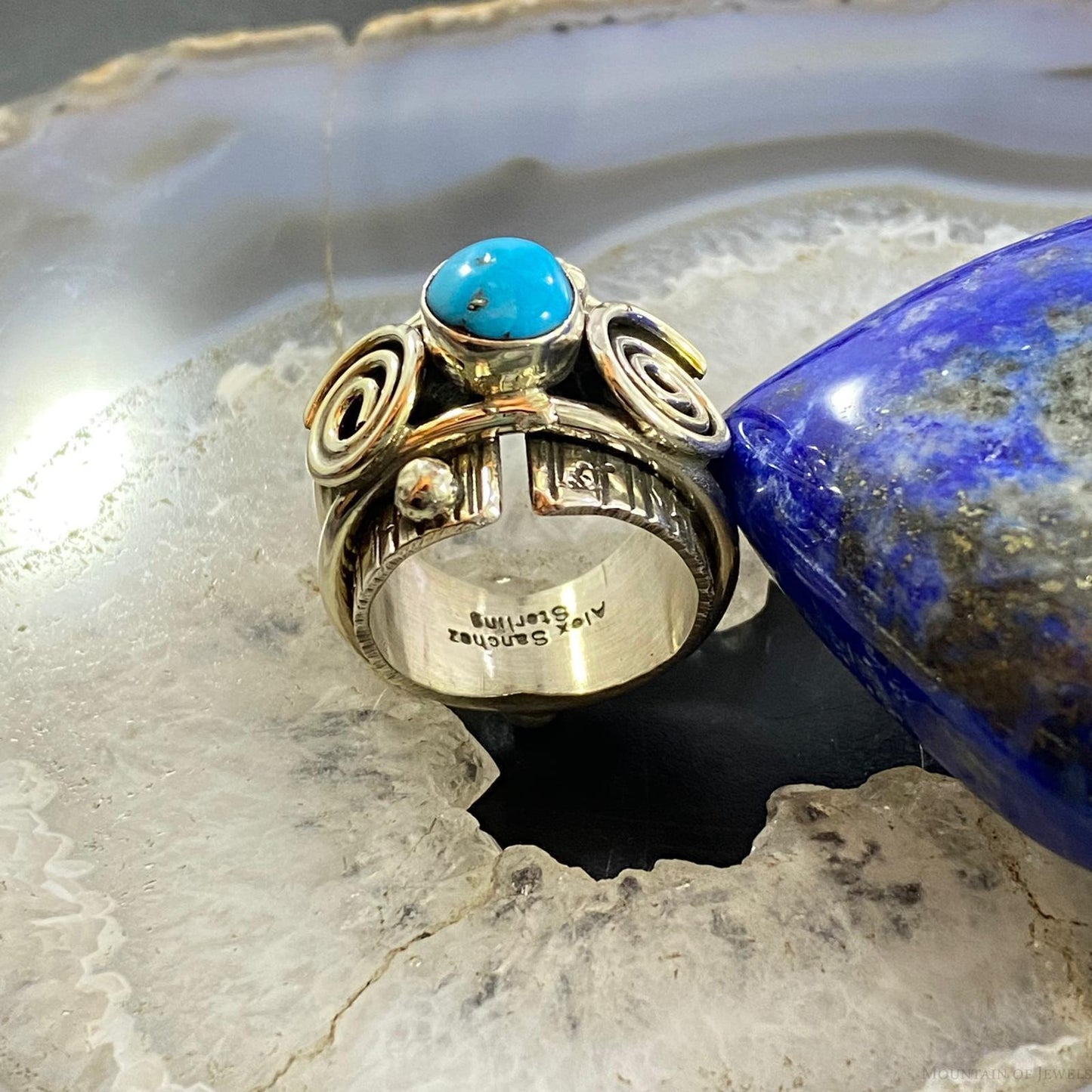 Alex Sanchez Sterling Silver Turquoise Petroglyph Band Ring Sz 8.5 For Women