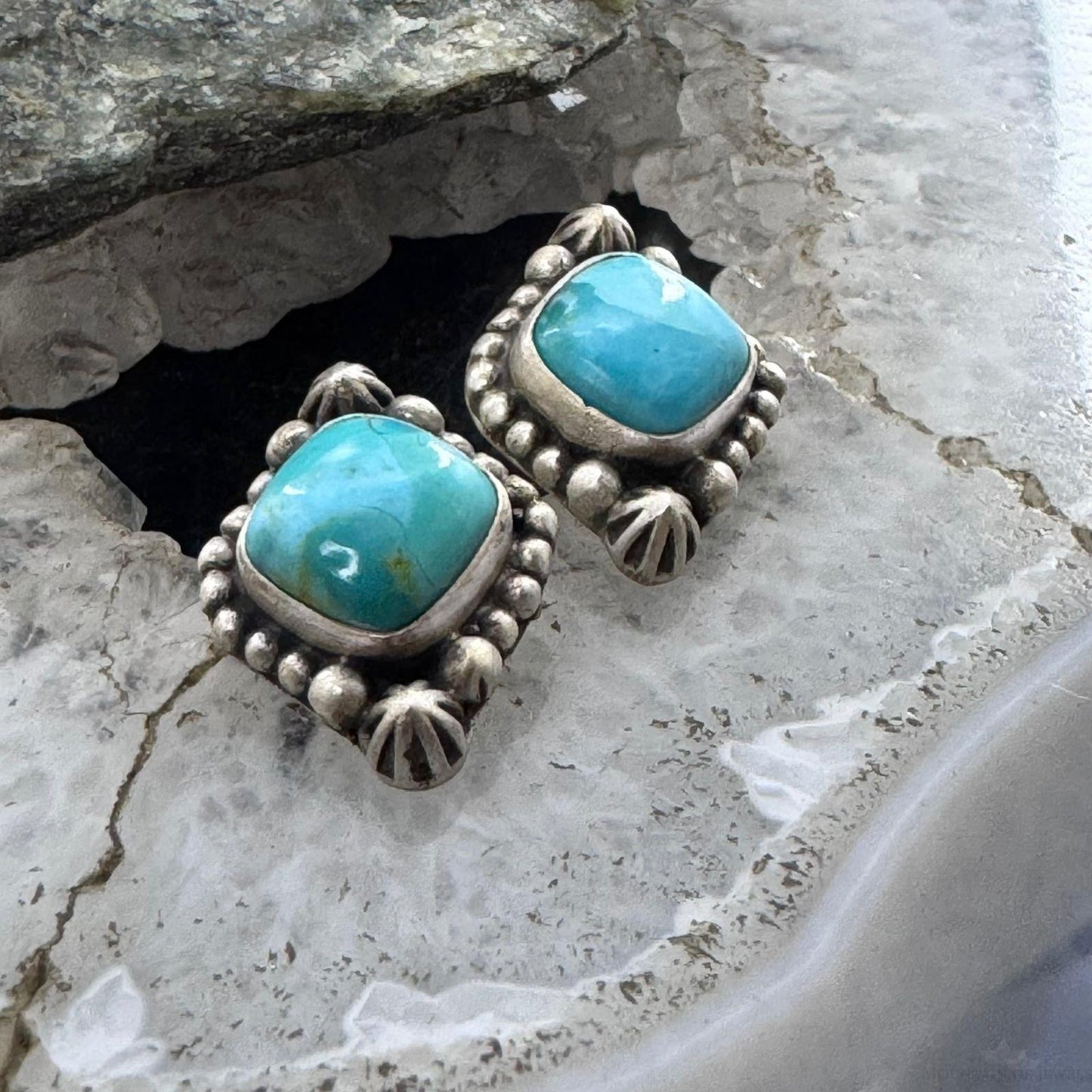 Sterling Silver Southwestern Style Square Turquoise Stud Earrings For Women