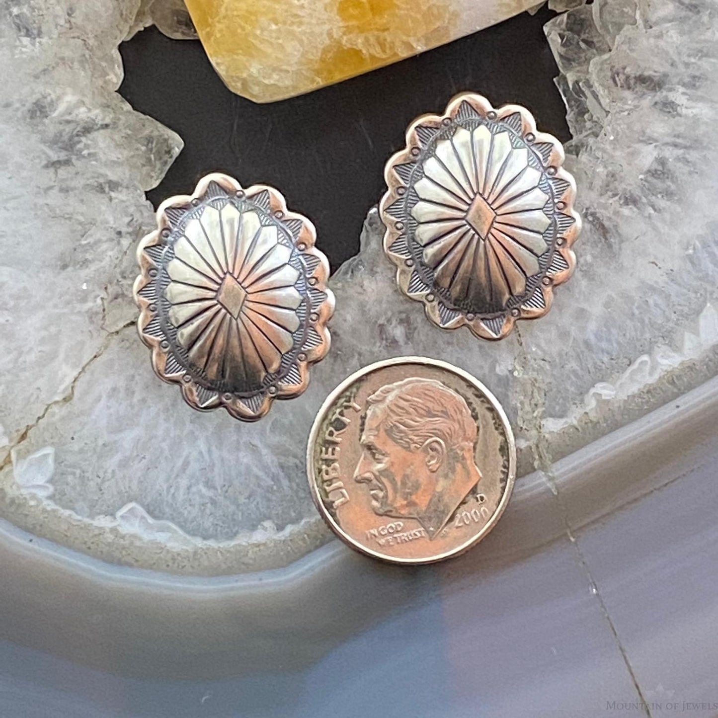 Native American Sterling Silver Oval Stamped Concho Stud Earrings For Women