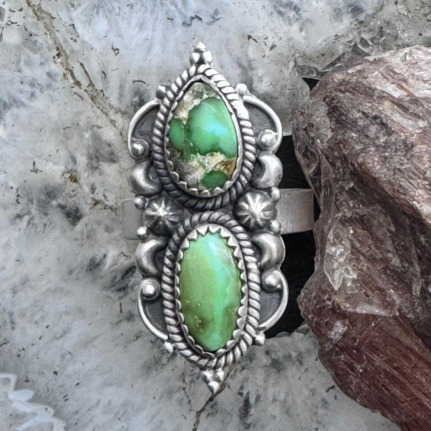 Sterling Silver Southwestern Style 2 Sonora Gold Turquoise Decorated Adjustable Ring For Women