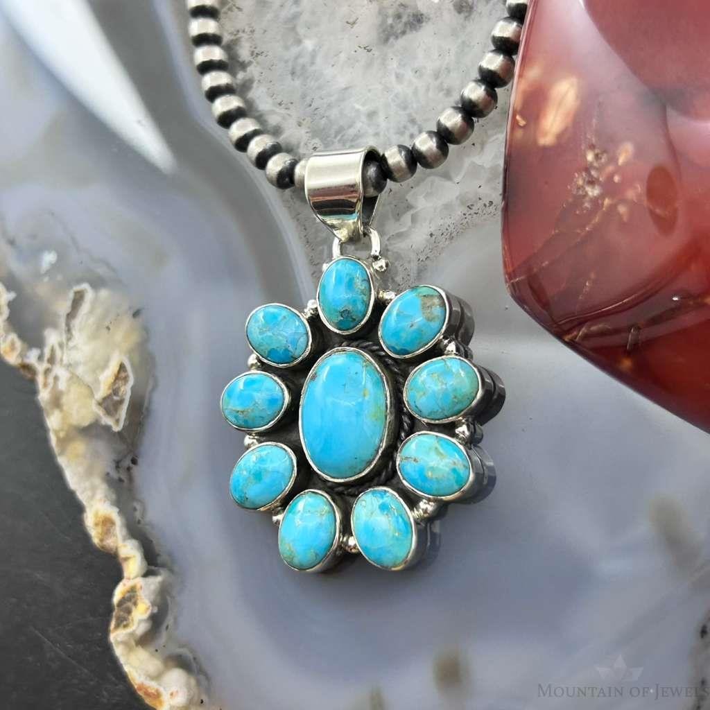 Sterling Silver Southwestern Style Mohave Turquoise Cluster Pendant For Women