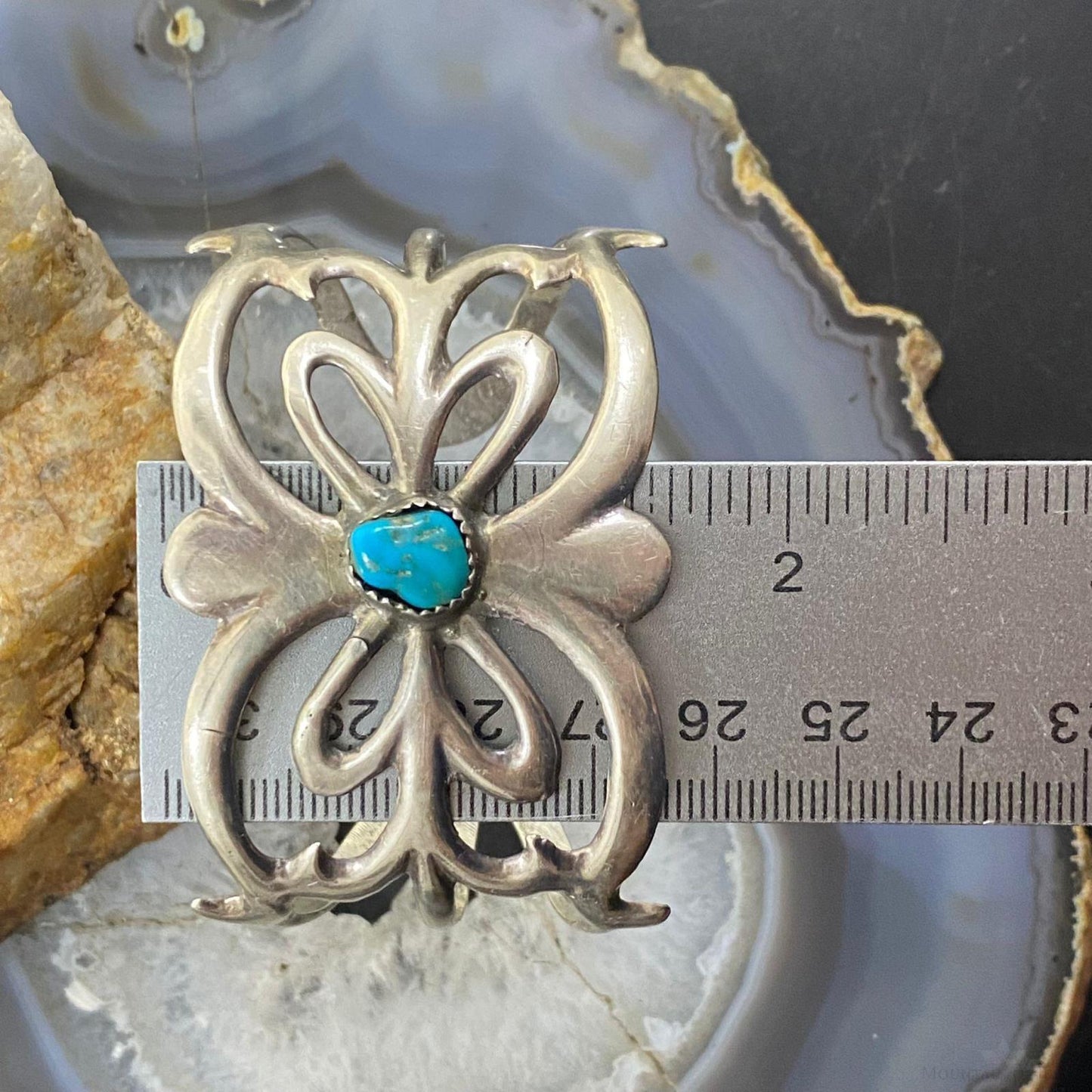 Vintage Native American Sterling Silver Turquoise Sand Cast Bracelet For Women