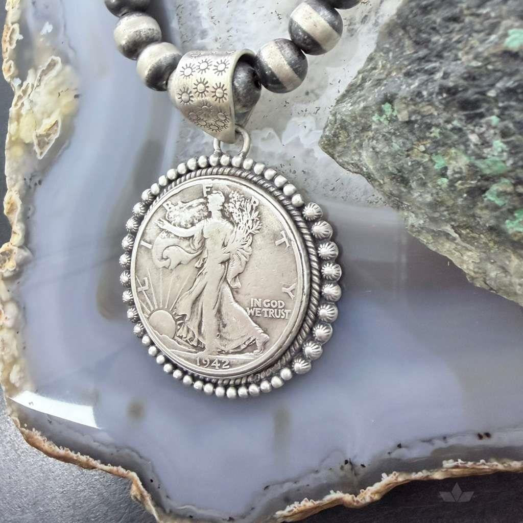 Genuine 90% Silver 1942 US Walking Liberty Half Dollar Decorated Unisex Pendant