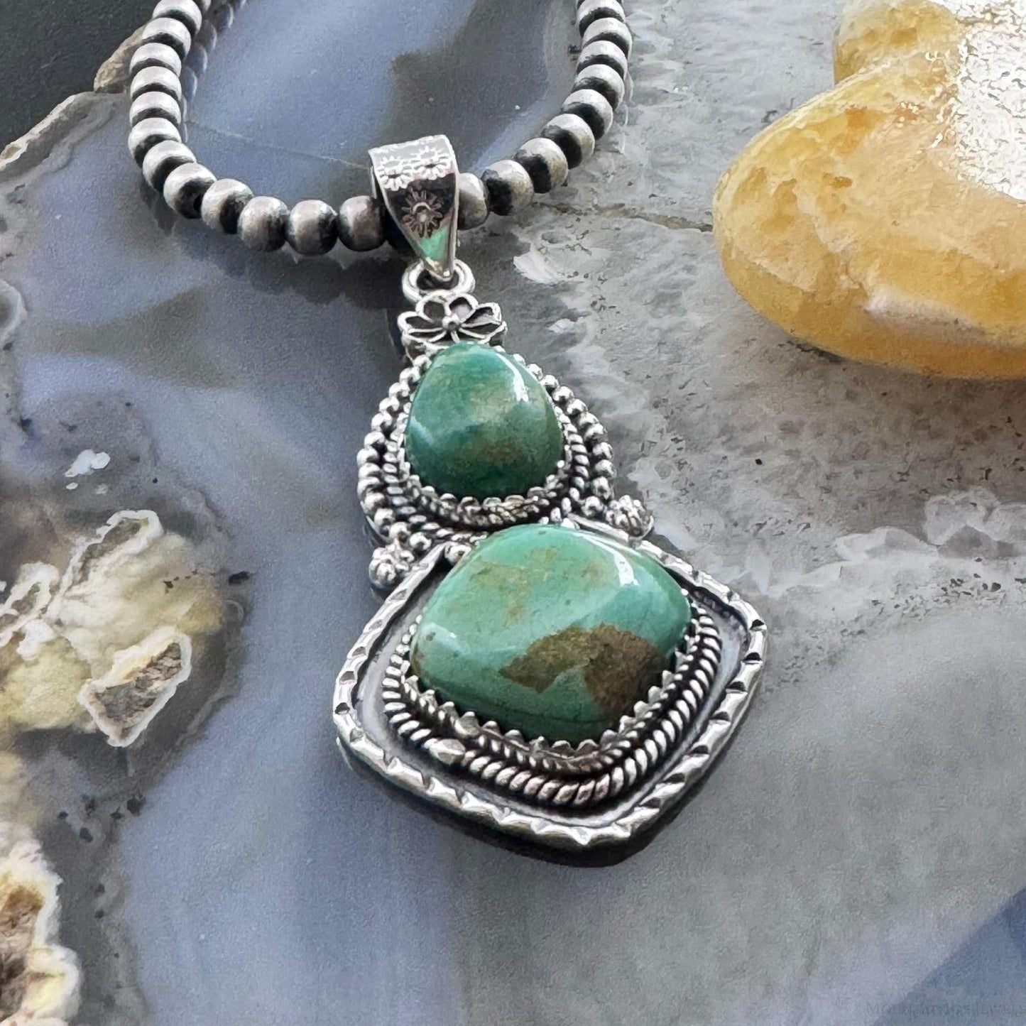 Sterling Silver Southwestern Style 2 Turquoise Decorated Pendant For Women