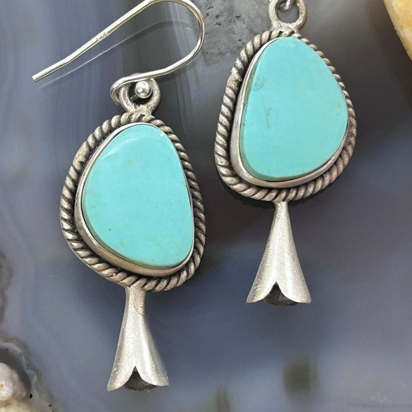 Sterling Silver Southwestern Style Turquoise Squash Blossom Dangle Earrings For Women #3