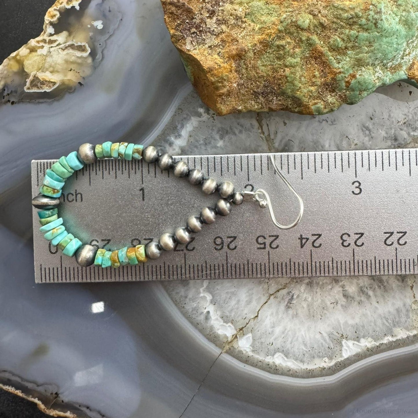 Sterling 4-6mm Navajo Pearl Southwester Style & 5mm Turquoise Bead Hoop Earrings For Women
