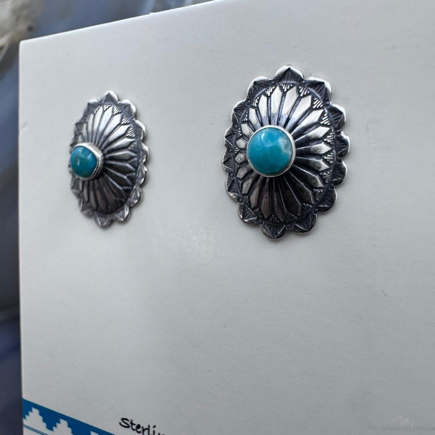 Sterling Silver Repousse Oval Concho with Turquoise Stud Earrings For Women