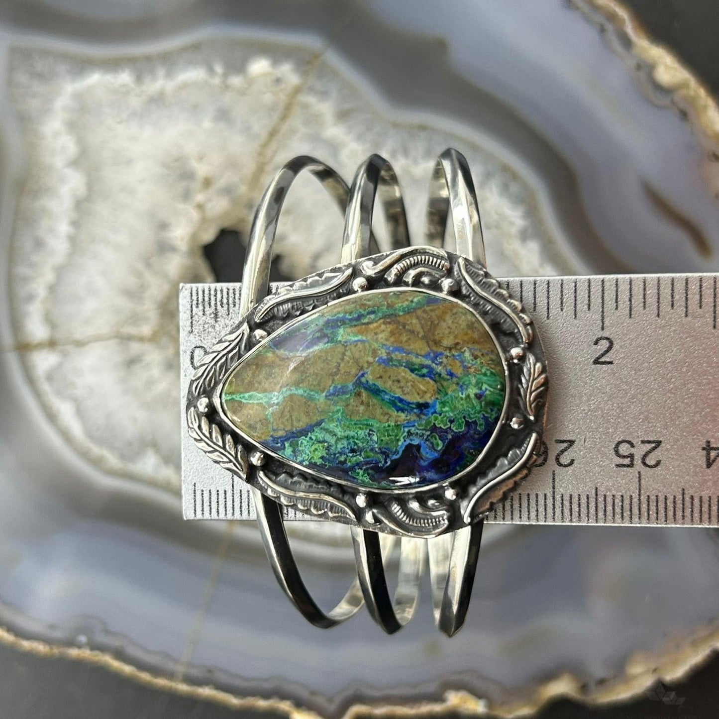Sterling Silver Southwestern Style Large Teardrop Azurite Malachite Bracelet For Women